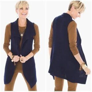 Chico's Navy Blue Shimmer Open Chunky Knit Grandmacore Vest with Pockets
